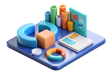 Poster - Colorful data visualization tools with charts and graphs arranged on a modern digital interface in a tidy office setting