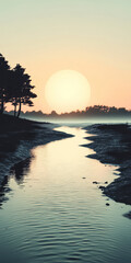 Wall Mural - Sunset glow over serene river landscape bordered by trees and soft hills