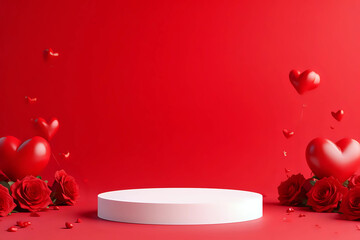 Abstract empty white podium, hearts and rose flowers on red background. Mock up stand for product presentation. 3D Render. St valentines day promotion concept.