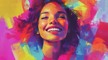 Wall Mural - An adorable woman portrait in a cute oil painting style, with a subtle, glowing smile. The background is alive with a vibrant