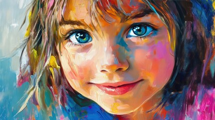 Wall Mural - A close-up portrait of a cute girl painted in a vibrant oil paint style, featuring dynamic, colorful brushstrokes.