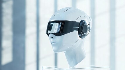 Poster - Mocap of futuristic wearable communication devices placed on a sleek glass stand