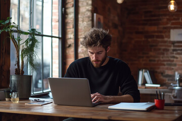 Poster - man is sitting at a desk with a laptop and a notebook. He is typing on the laptop and looking at the notebook. The room has a brick wall and a potted plant