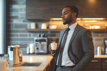 Poster - man in a suit and tie is holding a cup of coffee in a kitchen. Concept of professionalism and focus, as the man is dressed in a business suit