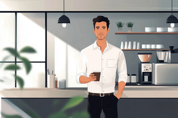 Poster - man in a white shirt stands in front of a counter with a cup in his hand. Concept of professionalism and focus, as the man is in a work environment
