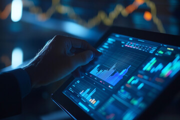Aufkleber - person is using a tablet to touch a screen with a graph on it. The graph shows a downward trend, which could indicate a decrease in sales or a negative outcome