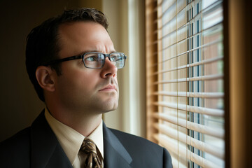 Poster -  man in a suit is looking out a window. He is wearing glasses and he is looking at something outside