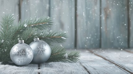 Wall Mural - winter holiday decoration featuring silver ornaments and pine branches on a snowy wooden background