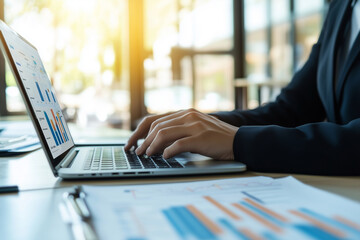 Aufkleber - person is typing on a laptop in front of a table with several papers. The papers have graphs on them, and the person is focused on the laptop screen. Scene is focused and professional