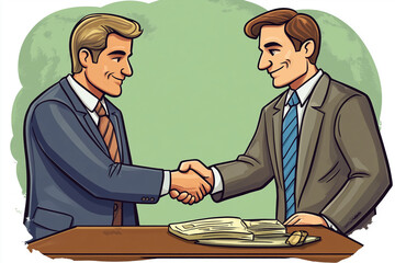 Poster - Two men shaking hands in a business meeting. Scene is professional and friendly. The idea of the image is that of a business deal being made between two people