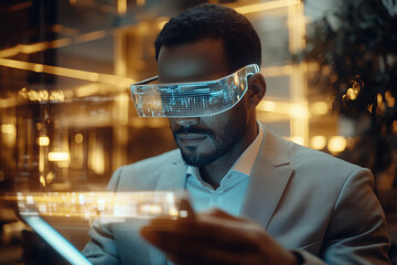 Poster - man wearing a suit and glasses is looking at a tablet with a virtual reality headset on. Concept of futuristic technology and the man's interest in it