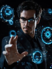 Poster - Businessman pressing multimedia type of modern buttons with virtual background