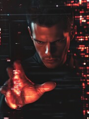 Poster - Businessman pressing high tech type of modern buttons on a virtual background