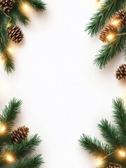 Wall Mural - christmas border. holiday garland isolated on background. christmas tree branches, lights and cones.
