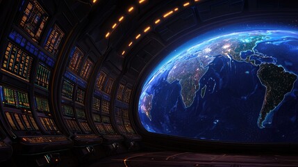 Poster - Futuristic space command center with earth view digital landscape high-tech environment cosmic perspective