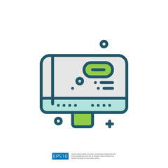Poster - A simplistic illustration of a computer monitor with a green base and buttons, representing technology and digital communication.