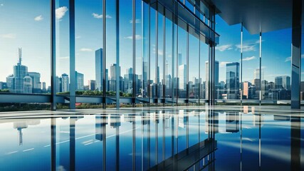 Aufkleber - City skyline view from modern office with glass walls reflecting blue sky and urban landscape