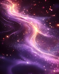 Poster - An ethereal cosmic background showcasing vibrant shades of purple and pink, illuminated by shimmering stars and luminous particles swirling through the galactic scene.