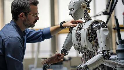 Fototapete - Engineer repairs a humanoid robot in a high-tech workshop while examining intricate wiring and mechanisms in a focused environment