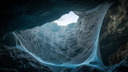 There are many spider webs in the cave