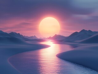 Wall Mural - A serene landscape featuring a glowing sunset over rolling snow-covered hills, with a calm river reflecting the vibrant hues of the sky. The scene emanates tranquility.