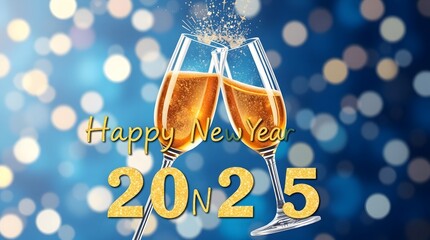 Happy New Year - Sparkling Champagne Glasses and Glitter on Blue Bokeh Background