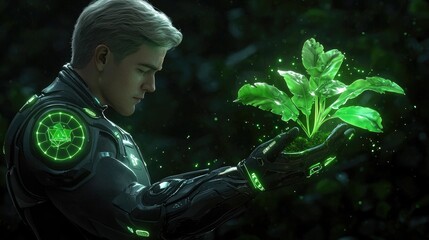 Poster - Innovative eco-friendly technology interaction futuristic forest digital art lush green environment close-up view sustainability concept
