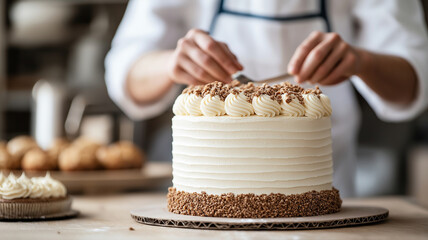 Aufkleber - baker decorates beautiful cake with cream and sprinkles in bakery. scene captures artistry and precision involved in cake decoration, showcasing delicious dessert