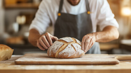 Aufkleber - baker shaping freshly baked loaf of bread on wooden table, showcasing art of bread making in warm kitchen environment. soft focus adds cozy atmosphere