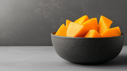 Poster - bowl of fresh mango slices arranged beautifully, showcasing vibrant orange colors against dark background. cinematic lighting enhances fruit natural appeal