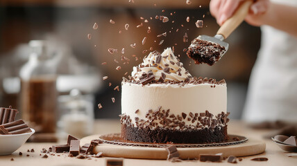 Poster - chocolate cake being decorated with chocolate shavings in cozy kitchen, creating delightful and inviting atmosphere. scene captures joy of baking and dessert preparation