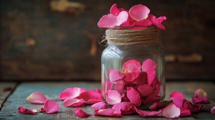 Wall Mural - Pink Rose Petals in a Glass Jar on Wood