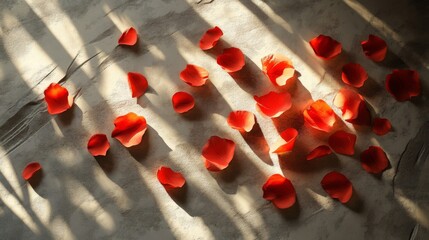 Wall Mural - Scattered Rose Petals Illuminated By Sunlight On Textured Surface