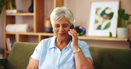 Aufkleber - Elderly woman, happy and phone call in home for contact, conversation and planning visit in retirement. Senior person, technology or hello in living room for gossip story, communication or invitation