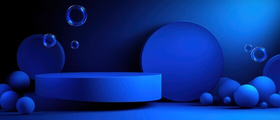Wall Mural - abstract blue 3d render with floating bubbles and geometric shapes