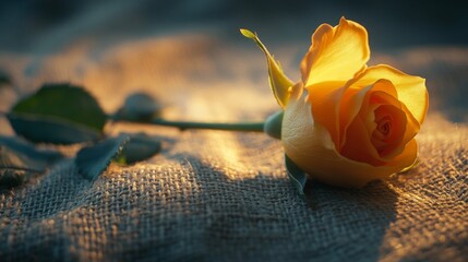 Poster - Golden Rose Resting on Rustic Burlap