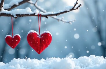 On a snow-covered tree branch, 2 red hearts of different sizes hang on strings of different lengths. Happy Valentine's Day. The background is blue and white bokeh. A place for the text. The banner