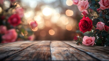 Wall Mural - Roses in Bloom Against a Wooden Surface