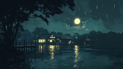  Tranquil Night Scene A Serene Lakeside Village Under a Full Moon,Perfect for evoking feelings of peace,tranquility