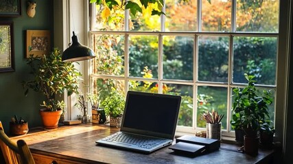 Wall Mural - This image shows a serene workspace filled with natural light. A laptop sits on a wooden desk surrounded by plants. Ideal for productivity and creativity. Generative AI