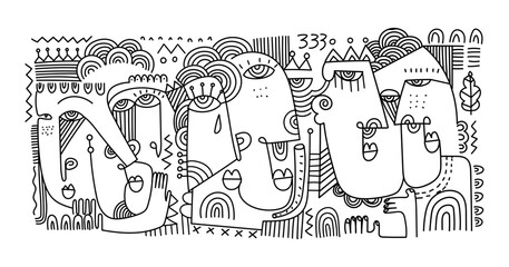  abstract hand drawing face portrait geometric decorative doodle outlines vector illustration. Line art black and white aesthetic design for wall art, prints, cards, decoration, banner and background.