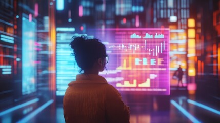 Poster - Businessperson observing sales growth charts and key metrics on futuristic holograms, vibrant virtual storefront behind them