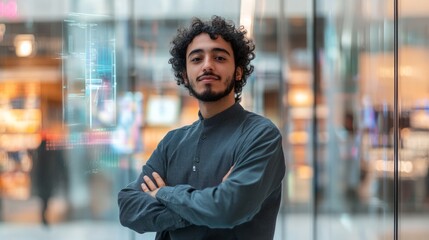 Poster - Entrepreneur stands with arms crossed, holographic sales data floating in front of a futuristic digital storefront background.