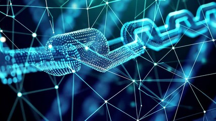 Poster - A video of a chain connected to a network of dots, illustrating interconnectedness and relationships, Abstract representation of blockchain technology