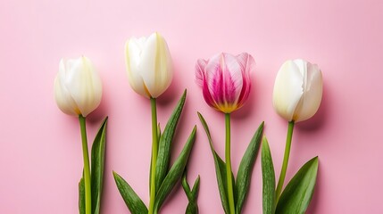 Poster - Four tulips, two white, one pink and white, arranged on pink background.