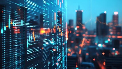 Fototapete - A city skyline is shown in a blue and orange color scheme