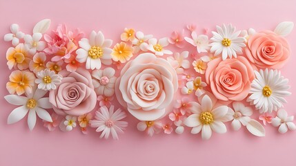 Canvas Print - Pastel-colored fondant flowers arranged on pink background.