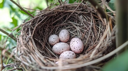 Close-up of a Small Bird's Nest with Tiny Eggs Inside, Perfect for Spring or Nature-themed Designs Generative AI