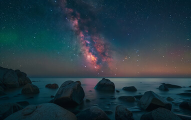 Wall Mural - Stunning night sky with the Milky Way stretching across a starry backdrop. Ideal for nature and astronomy themes.