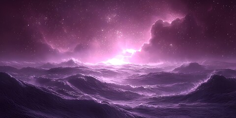 Sticker - A mesmerizing view of a purple-hued ocean under a starry sky, with dramatic waves reflecting the ethereal light, invoking a sense of tranquility and wonder.